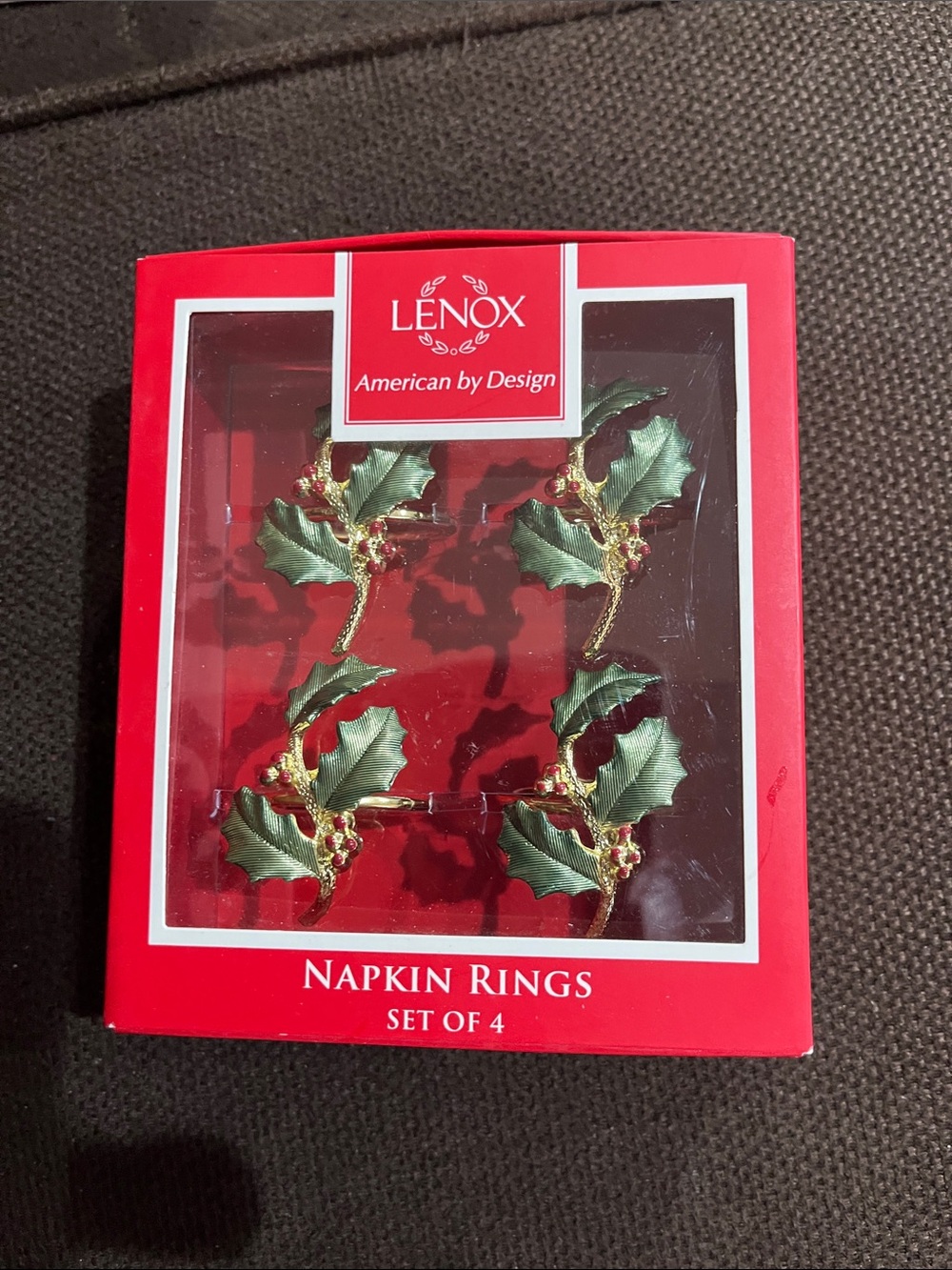 Lenox Green & Gold Holly Napkin Ring Set of 4